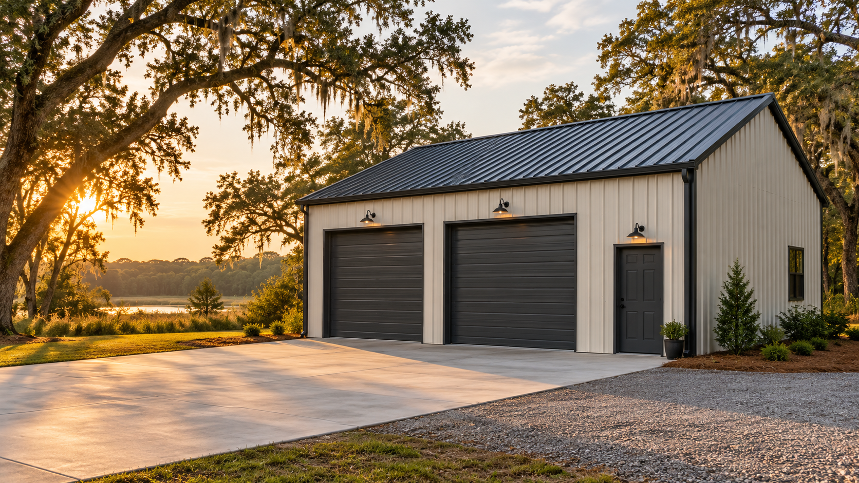 Illustrative cream metal garage with a charcoal roof and concrete apron beneath South Carolina live oaks